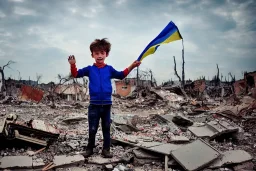 portrait of unkempt child ukranian war refugee waving a NATO flag amidst rubble and ruins with nuclear explosion in the background