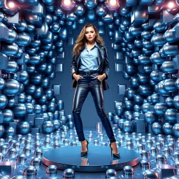 make a picture pretty stage made of metallic cyan-gray teme 3d fractal recursive cubic and sphere base structures and a beautiful fashion model lady posing with cute,with blue teme Chic style pants with a tight shirt and jacket,high heels ,makeup curvy long hair,dynamic camera zoom to full body and pan, dynamic lights.