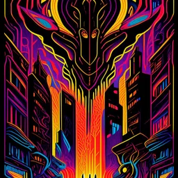 Neon legacy of nyctophobia, by Matt Sesow, mind-bending illustration; asymmetric, warm colors, dark background