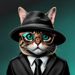 Drawing of a surprised cat with black jacket, hat and glasses, NFT style