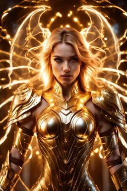 Photograph pretty Angel woman armor long hair stand face front in impact picture,translucent and glowing metallic patterns,glowing metal objects hovering in the air and surrounding him,Electric arcs and sparks,flow of energy,translucent magnetic lines,golden and shimmering light effects