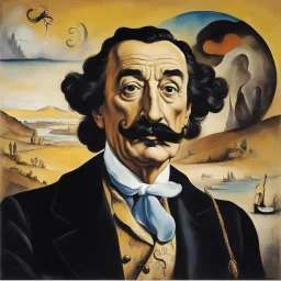 Salvador Dali a de longues moustaches, il a une immense toile barbouillée derrière lui figurant une tragédie érotique de Corneille