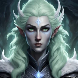 Generate a dungeons and dragons character portrait of the face of a female winter Eladrin. She is a Grave Cleric. Her hair is black and voluminous. Her skin is soft and pale with purple tinting. Her eyes are pale green in color. She has no jewelry.