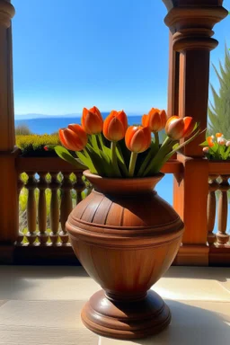 Etruscan urn holding tulips on a wooden porch with a view of the sea in the background