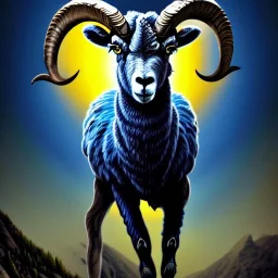 A bighorn sheep ram warrior full blue and yellow body armor with fierce and wild look, highly detailed, digital art, sharp focus, trending on art station, standing on all fours with one hoof on an american football, field of grass, background mountain peaks sunset sky of blue and yellow, design by charlie bowater, ross tran, artgerm, and makoto shinkai, detailed, colors #003594 #FFA300 #FF8200 #FFD100 throughout