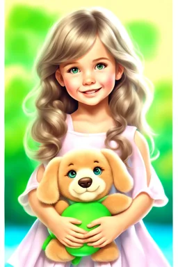 hiper realistic 4-5 year old cute beauty girl With beach wavy dimensional melange hair. With deep real smiling green eyes and brow long hair. Holding a bear-toy. Near her to stay very cutte puppy