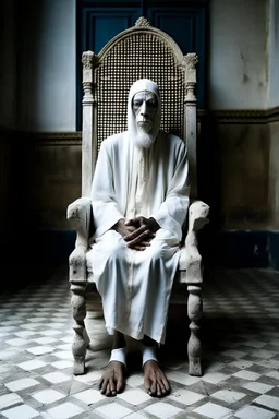 portrait of tall god looks like human but 4 times bigger than normal humans with shining eyes in aba, clothes like Arabs in temple. Their face is covered in white shall only their eyes are out. Sitting on a stone chair by Dali