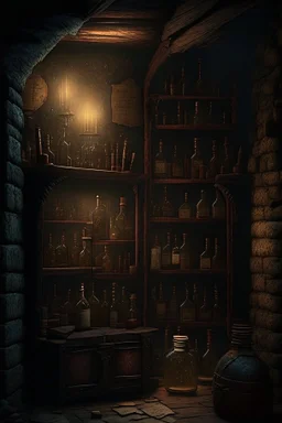 A dark dungeon room with a dusty shelf holding only vintage bottles