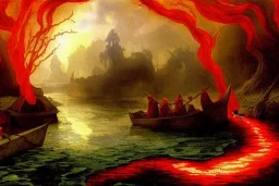 The red hot River Styx leading to hades, Charon, high detail, Impressionist painting, fine detail, high quality,