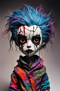 full color, illustration of a dark, menacing, monster girl, as a decayed, broken, crude homemade cloth doll toy, with a narrow cracked porcelain face, thick dark eyebrows, hair made from ragged strips of cloth, in the style of Brom, Alex Pardee, and Masahiro Ito, bold vibrant color