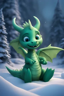 cute fairy green shiny dragon baby in pixar style on snow in front of fabulous christmas snowy forest in moonlight