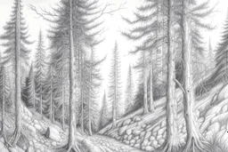 Norwegian forest, woodland- Pencil drawing, illustrative, graphite, crosshatching