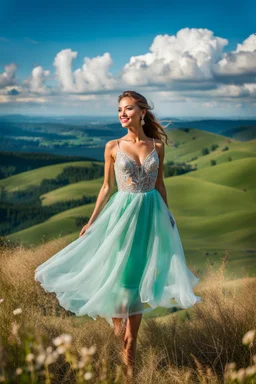 full-body closeup shot of a young, beautiful girl with a perfect face and makeup,wearing pretty dance dress standing in a stage in open air nice green hills , blue sky ,pretty clouds at distant