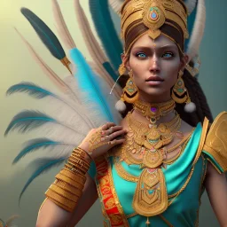 Indian, 12k, ultra high definition, finely tuned detail, unreal engine 5, octane render, ultra-realistic face, realistic headdress, detailed make-up, zia, detailed turquoise jewelry, detailed hair, detailed feathers, full frame shot