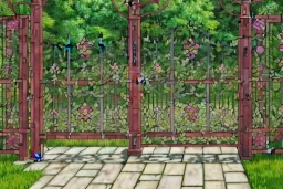 open iron gates made of colorful stained glass, covered in vines, trees, very large entry leading to a lush garden, see lot details in the garden, photo realistic 4k, nature, beautiful hand laid checkered pattern stone walkway path, trending on artstation, sharp focus, studio photo, intricate details, highly detailed, by greg rutkowski