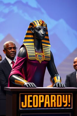 An egypt sphinix host a top show jeopardy tv. Tv set with people. Presidents an celebrities participate in the jeopardy.