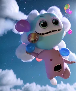 Ultra realistic clouds sky scene, wide angle, sweet childs falling down, inflatable color clothing, free jumping flying, many trinkets, monster hair, hair monster, many jelly beans, balls, smile, happy, circus style, extreme, wind, clouds sea, 20,000 feet altitude, stratosphere, soft color, highly detailed, unreal engine 5, ray tracing, RTX, lumen lighting, ultra detail, volumetric lighting, 3d, finely drawn, high definition, high resolution.