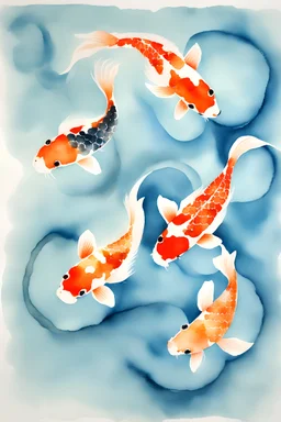 Watercolor on rice paper, Koi fish, Abstract animal symbolism, A watercolor artwork on rice paper incorporating abstract animal symbolism, exploring the interconnected meanings and representations within the Japandi cultural context. Watercolor, animal symbolism, abstract exploration.