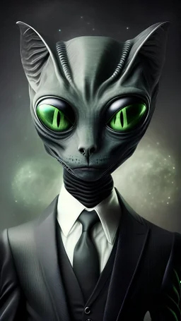 Alien masked with tuxedo , have round face and cat eyes