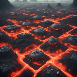 floating over lava fields. large detailed futuristic space farms with water towers, , Daylight, , luminescent , 35 mm focal length Low angle