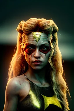 portrait, Shakira, make-up, angry, Realistic image, superhero, retro, watchmen style, gold make-up, blood, sweat, fog, goddess. Black background, photo studio, concept art, smooth, unreal engine 5, god lights, ray tracing, RTX, lumen lighting, ultra detail, volumetric lighting, 3d, finely drawn, high definition, 4k.