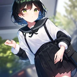 Clear focus, High resolution, fluffy black short hair, dark green eyes, wearing a black sailor uniform and pleated black skirt, fluffy hair, detailed outfit