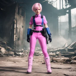 in ruins [Jill Valentine in Resident Evil (Biohazard in Japan)] lola loud from the loud house at age 74 as Jill valentine wearing her pink battlesuit Pink gloves and Pink high heel boots