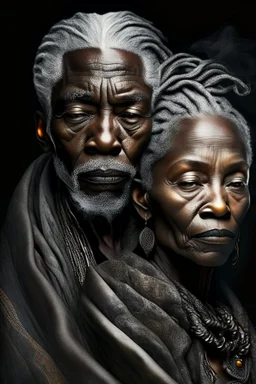 a photo of an African man and woman with ethnic jewelry, grey hair and grey flowing robe, in style of Annie Leibovitz, contemporary portrait of a mature yet beautiful and modernist, black and grey, detailed face, swirling fluid smokey enigma, award-winning artwork