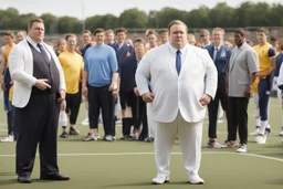 Overweight white politician wearing a suit; next to him a group of thin, muscular athletes in sports clothes; outside, sports field; realistic, photographic