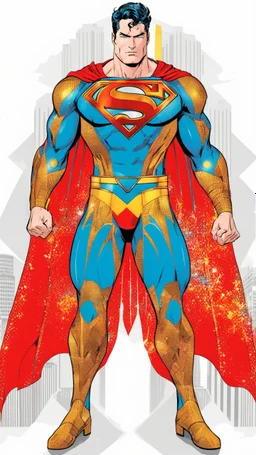 Superman in an advanced, decorated cosmic suit. The background is destroyed buildings and a sky colored with stars, planets and spaceships