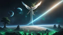 matrix universe, space, planets, god creation, angels from other dimensions with beautiful wings, trees on the planet, behind green crystals of light, few tiberium monolith deposits on the planet near tree,