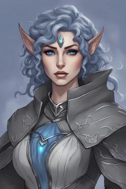 Drawing of a female Moonelf twilight cleric with black, very curly, very short hair and blue eyes, wearing gray robes. Etheral, muscular.