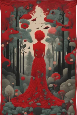 cultivate collage red surreal esoteric woman in forest, tufting tapestry