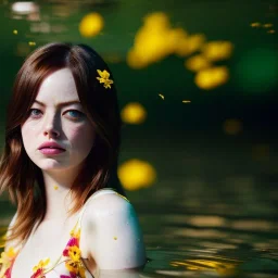 Emma Stone as Japanese eye underwater with yellow flowers for hair, closed eyes, rtx, reflection, 8k, glow, winning photography, caustics