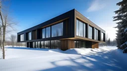 A modern building with a flat roof and large windows, set in a snowy landscape under a clear blue sky. The building features a combination of dark brick and wood paneling, with a section that extends out over the ground level. The windows are tall and narrow, providing a view of the interior. The ground is covered in a thick layer of snow, and there are a few bare trees scattered around the building. In the distance, there are snow-covered hills. The lighting is bright and even, creating a sense