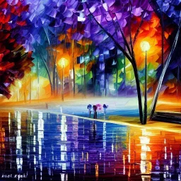 Night cityscape raining purple reflections lake trees acrylic abstract leonid afremov