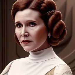 modern disney style, half-length portrait, three-quarter face pose of carrie fisher as Princess Leia with photo realistic fine and very simple short hair, entrancing deep brown eyes, eos5d mark 4, ef 85mm 5.6, professional majestic photo realistic painting by Ed Blinkey, Atey Ghailan, by Jeremy Mann, Greg Manchess, Antonio Moro, trending on ArtStation, Intricate, High Detail, Sharp focus, dramatic, by greg rutkowski, realism, beautiful and detailed lighting,