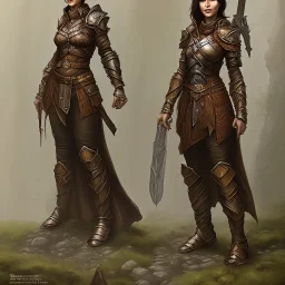 dungeons and dragons, female human, druid, brown hair, brown eyes, full body, realistic face, short hair, hair tied back, large nose, closed mouth, leather armor, face scars, tan skin