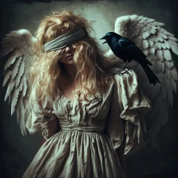 In a lucid dream I meet a fallen angel, blindfolded with old cotton rags, blond wild hair, tired and disconsolate, an old cartoon dress draped over her shoulders, head bent down, damaged skin. She is accompanied by a blind crow on her shoulder. Subtle light, dark grunge background, a grunge overlay. Small depth of field, blurred image. Surrealistic lighting.