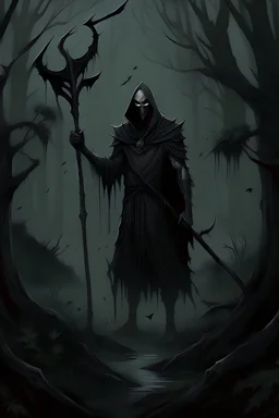 a demon, flesh, standing in the forest, night, forest, dark, creepy, holding a scythe left hand, holding three human heads right hand