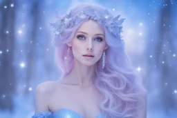 very beautiful fairy women with long hair, little smile, with cosmic silver metallic blue and pink suite and brightly earings. in the background there is a bautiful little magic forest with snow and light bluesky with stars and light beam