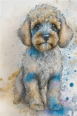 Abstract wet watercolour of a cockapoo, ink lines, splashy background, bifurcated circles, detailed,focus on eyes, watercolour paper