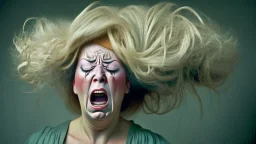 lady crying while holding shoddy wig