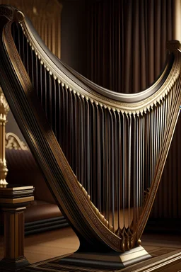 photorealistic picture of a highly detailled neoclassic harp in a reading room, view from slightly above, focus on the harp, background is out of focus, clear crisp light.