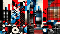 An abstract and geometric illustration by Malevich and Kuniyoshi of a digital city with an anarchist red and back flag.