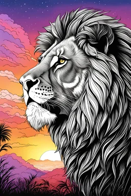 A striking silhouette sketch of a lion against a colorful sunset sky for coloring book