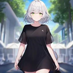 Clear focus, High resolution, light grey short hair, dark green eyes, wearing a black t-shirt and black skirt, fluffy hair, detailed outfit, really fluffy hair