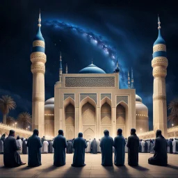 Hyper Realistic Photographic-View of people praying outside Masjid E Nabwi At Beautiful Night with dark-blue-&-black-sky-with-stars showing dramatic & cinematic ambiance