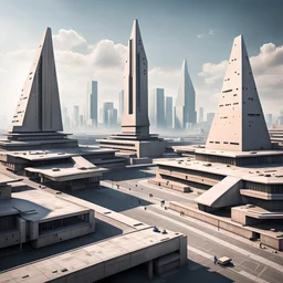 Brutalist cityscape totalitarian concrete pyramids angular realistic dystopia daylight monorails