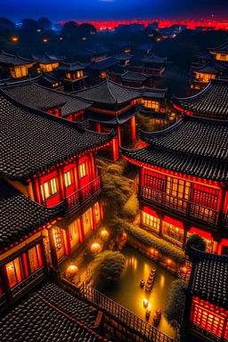 The view of am ancient Chinese city during the lantern festival from a balcony